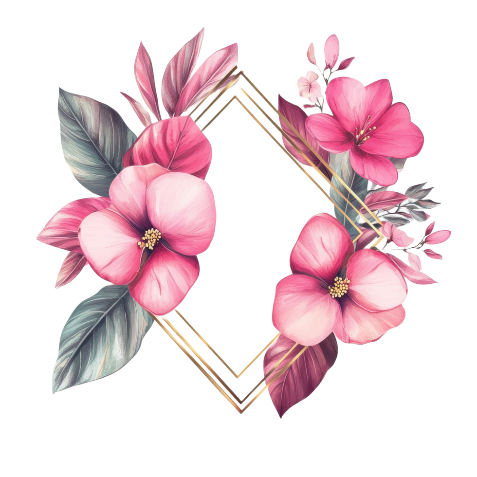 Watercolor Floral Arrangement Surrounding A Golden Geometric Frame png