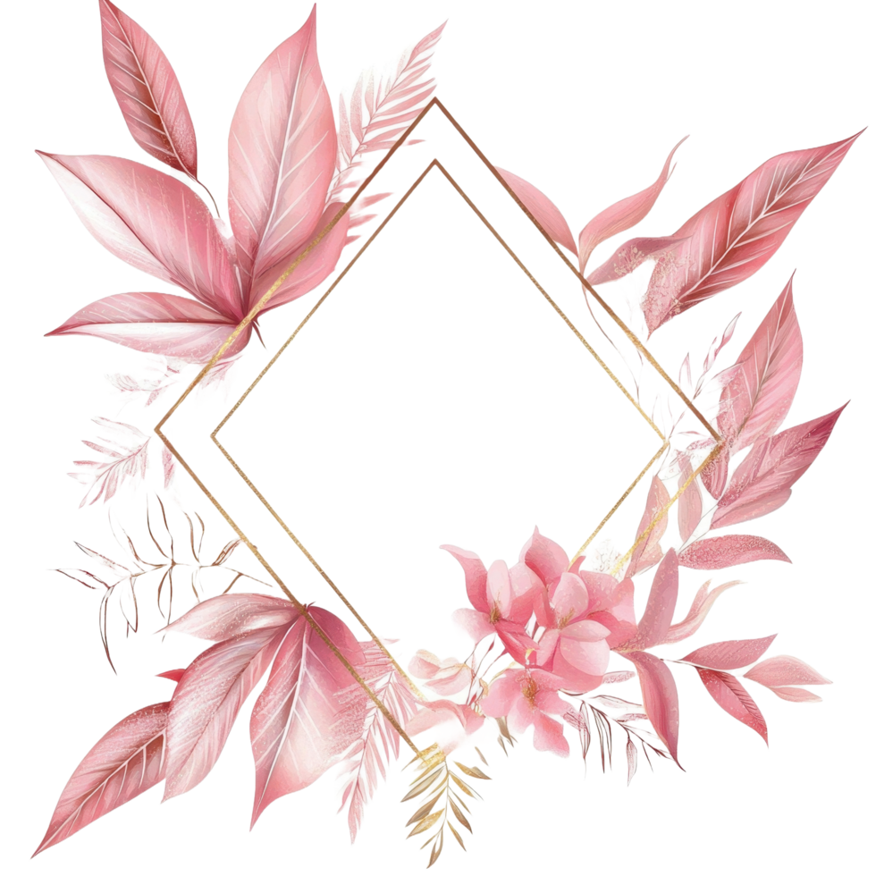 Delicate floral and leaf arrangement surrounding a brown geometric frame png