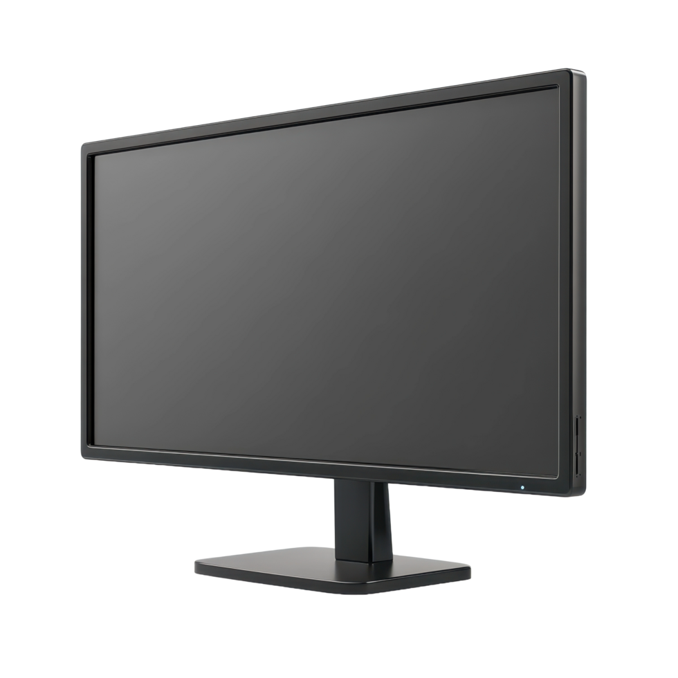 A modern black computer monitor is displayed in a studio setup png
