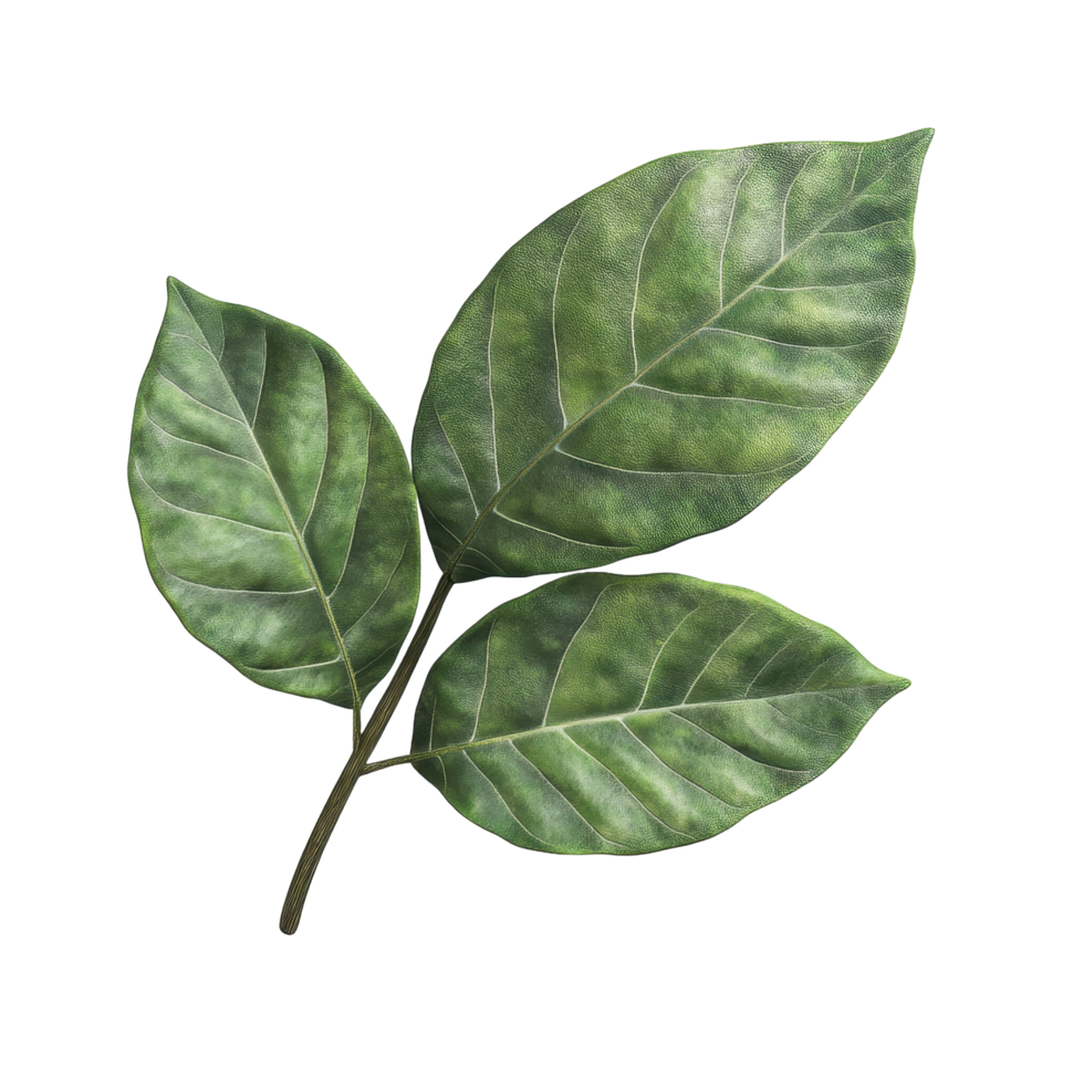 Three green leaves are growing on a small brown stem png