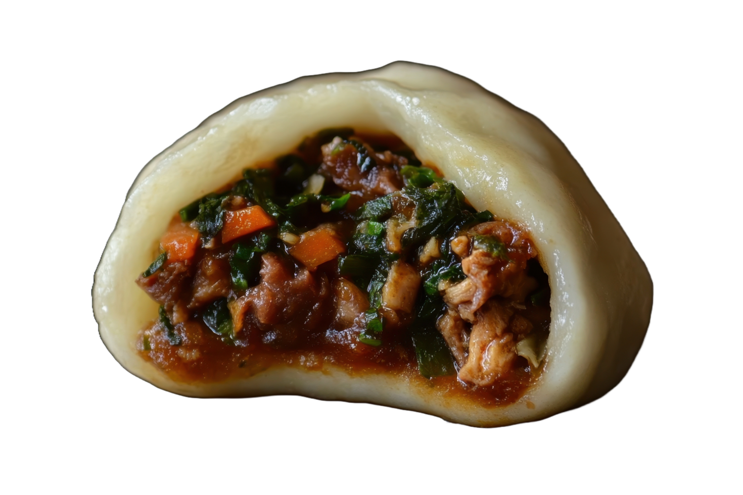 An appetizing cut open steamed bun with savory filling ingredients png