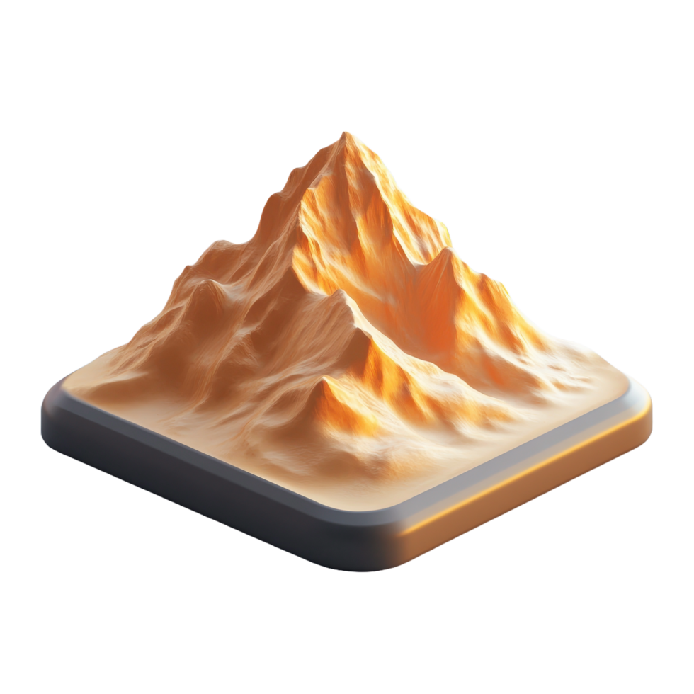 A detailed isometric representation of a stylized mountainous landscape png