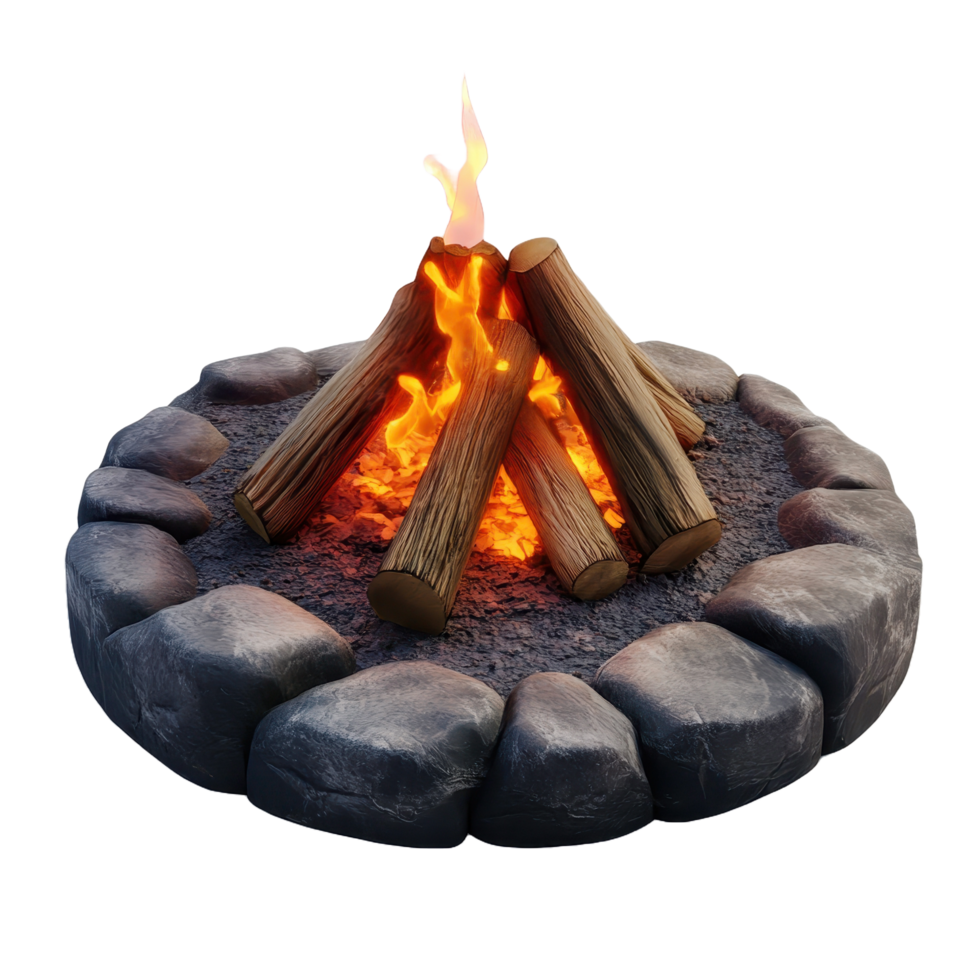 A glowing campfire surrounded by stones with burning flames and logs png