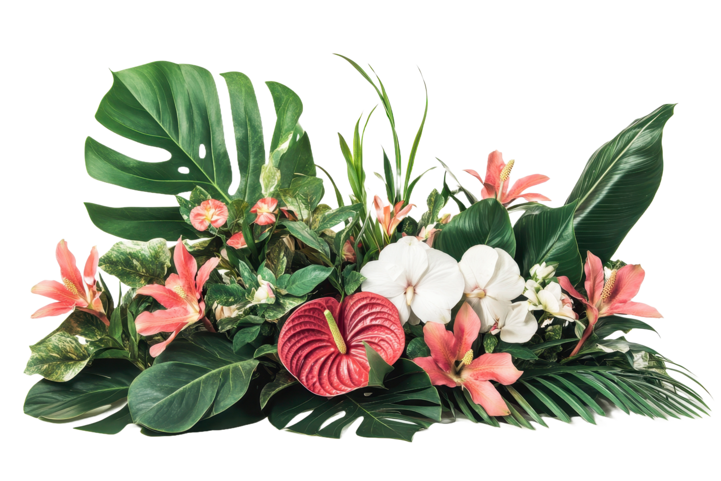 Lush Floral Arrangement Featuring Diverse Green Leaves and Colorful Blooms png