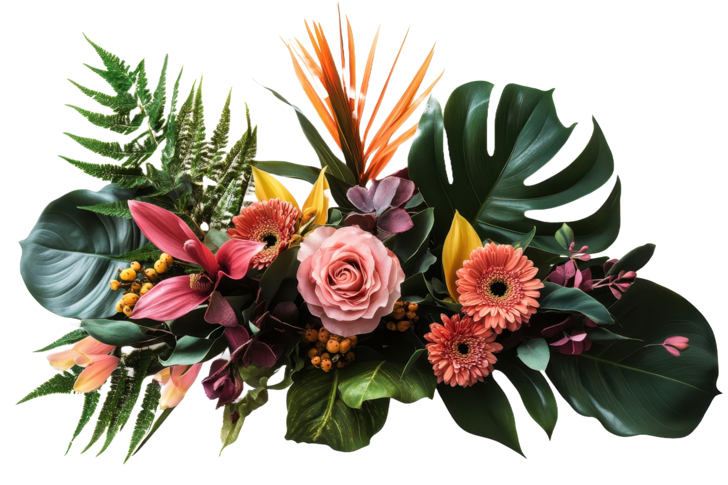 A vibrant floral arrangement featuring various colorful blooming flowers and leaves png
