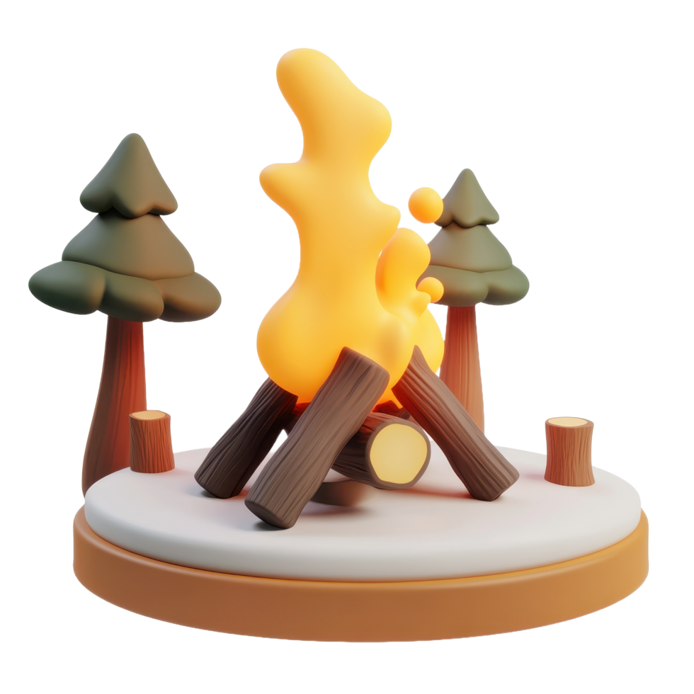A stylized campfire burning between two cartoon evergreen trees and logs png