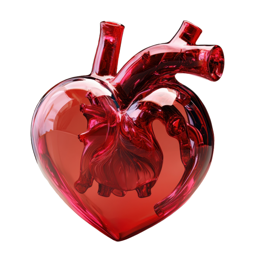 A transparent red glass heart displaying the organ within itself png
