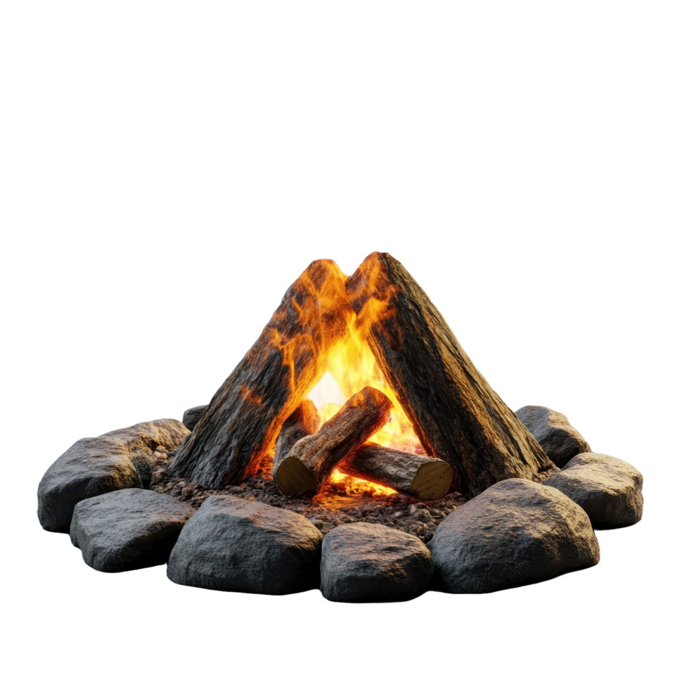 A burning campfire made of logs surrounded by rocks is shown png
