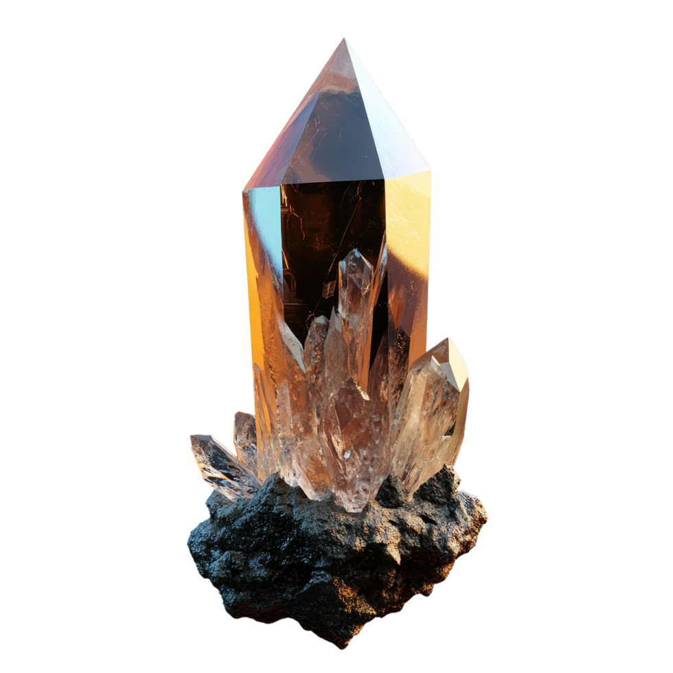 A large and complex crystal formation sits upon a rock base png
