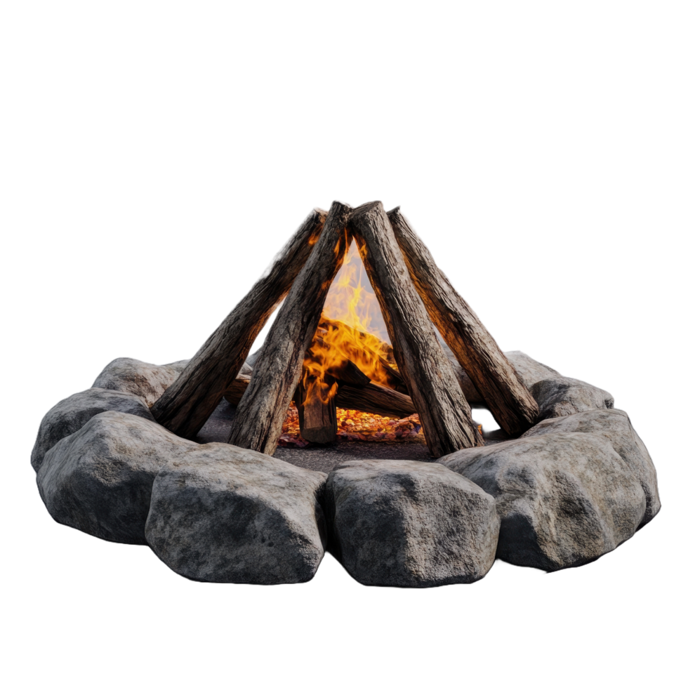 A roaring campfire constructed with logs surrounded by large stones png