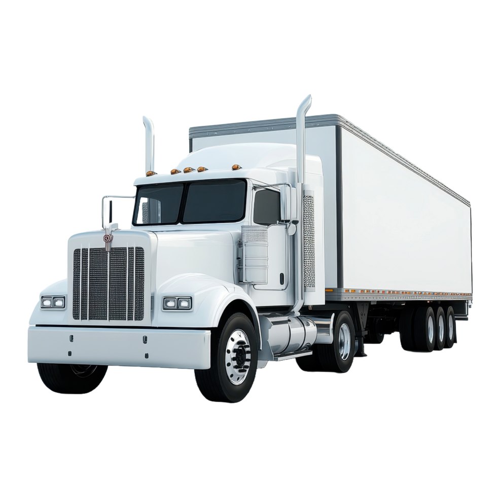 A large white semi truck transporting goods across various distances png