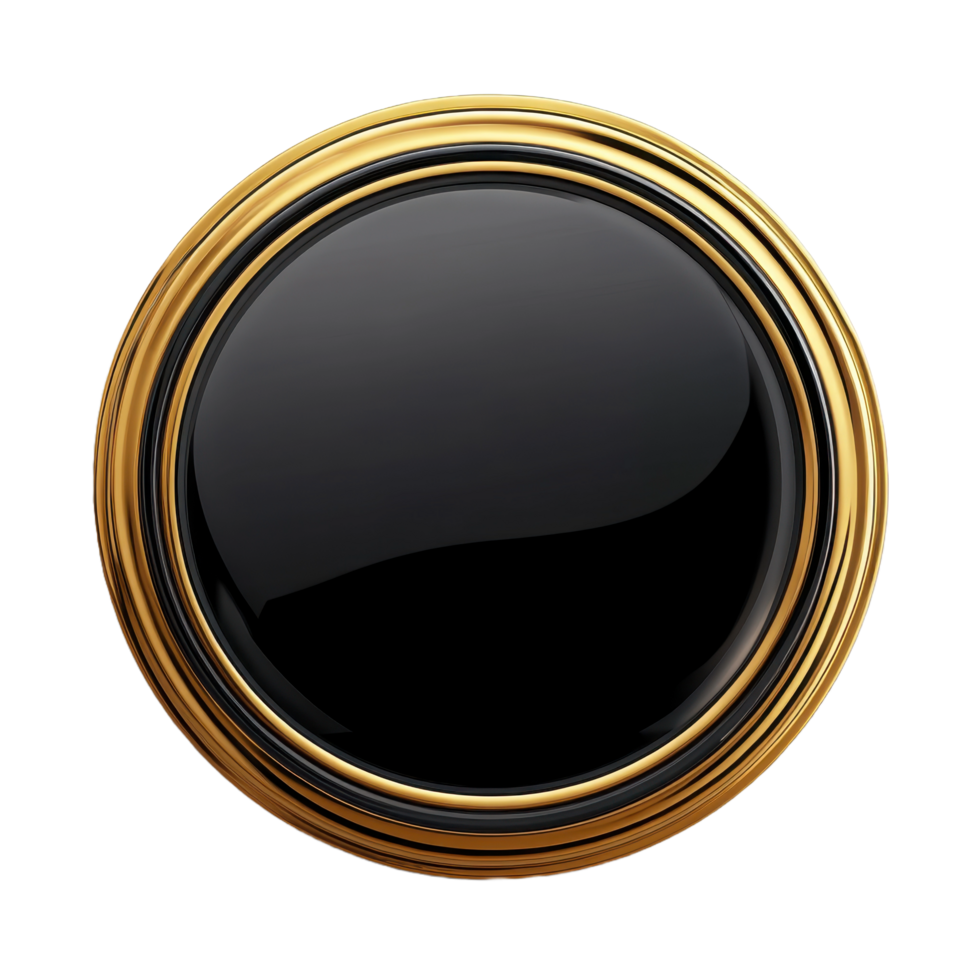 A golden rim encircles a black polished glassy circular button png