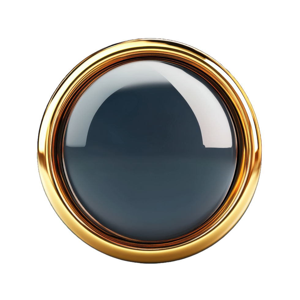 A glossy golden framed button displays a dark reflective surface png