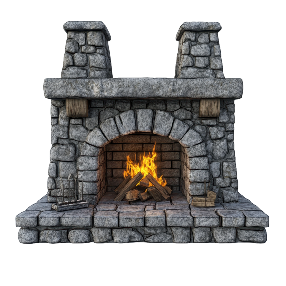 Stone fireplace with brick interior and burning fire displayed inside png