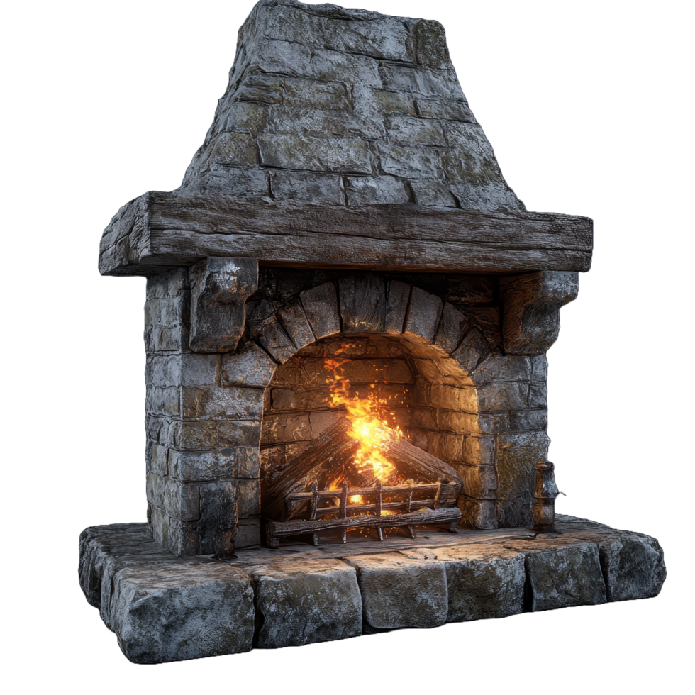 A stone fireplace with burning wood within the hearth glows png