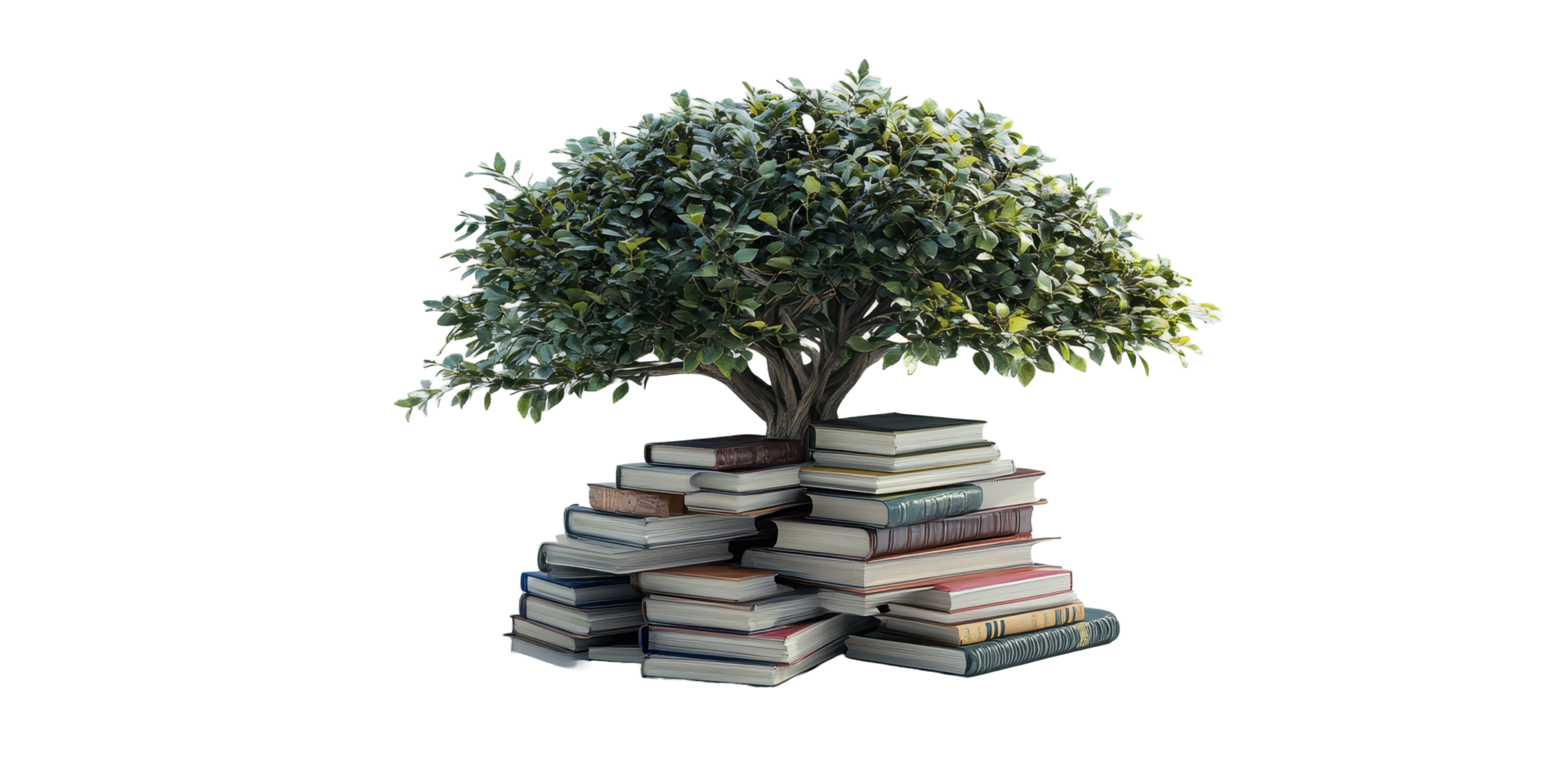 A vibrant green tree growing out of a stack of books png