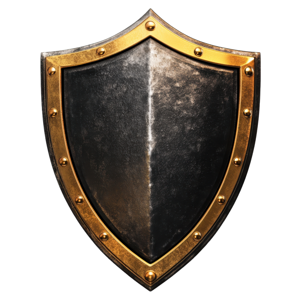 An ornate shield with decorative gold trim and rivets shown png