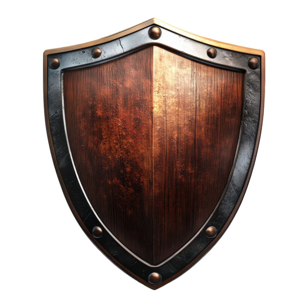 An antique wooden shield with decorative metal edging and rivets png