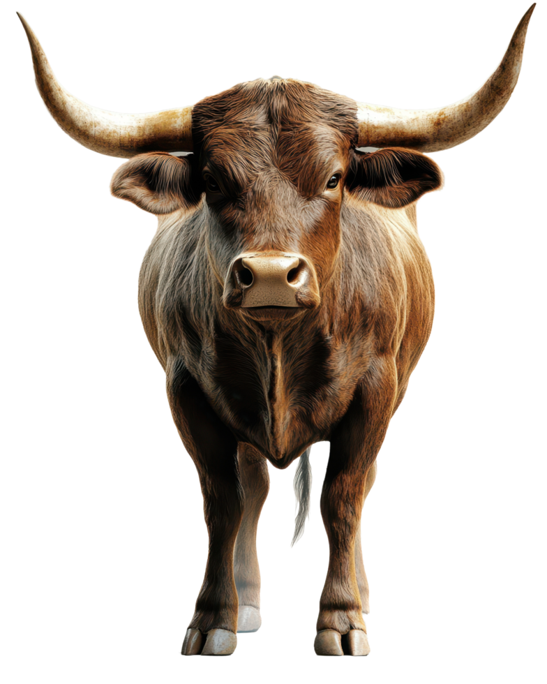 A majestic brown bull standing firmly and staring directly forward png