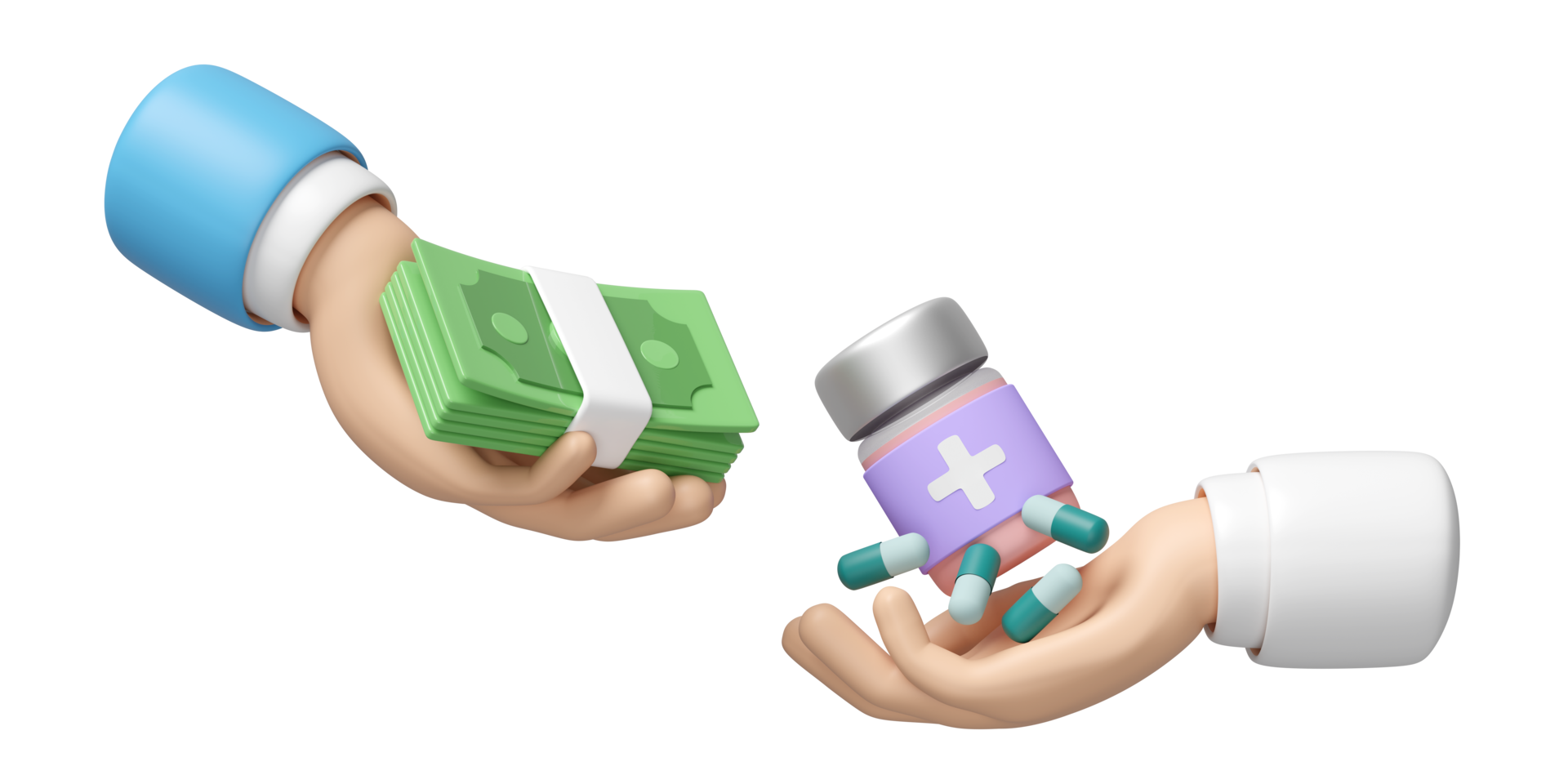 3d hand holding a stack of banknotes with doctor hand holding medicine bottle, antibiotics isolated. expensive medicine concept, 3d illustration render png