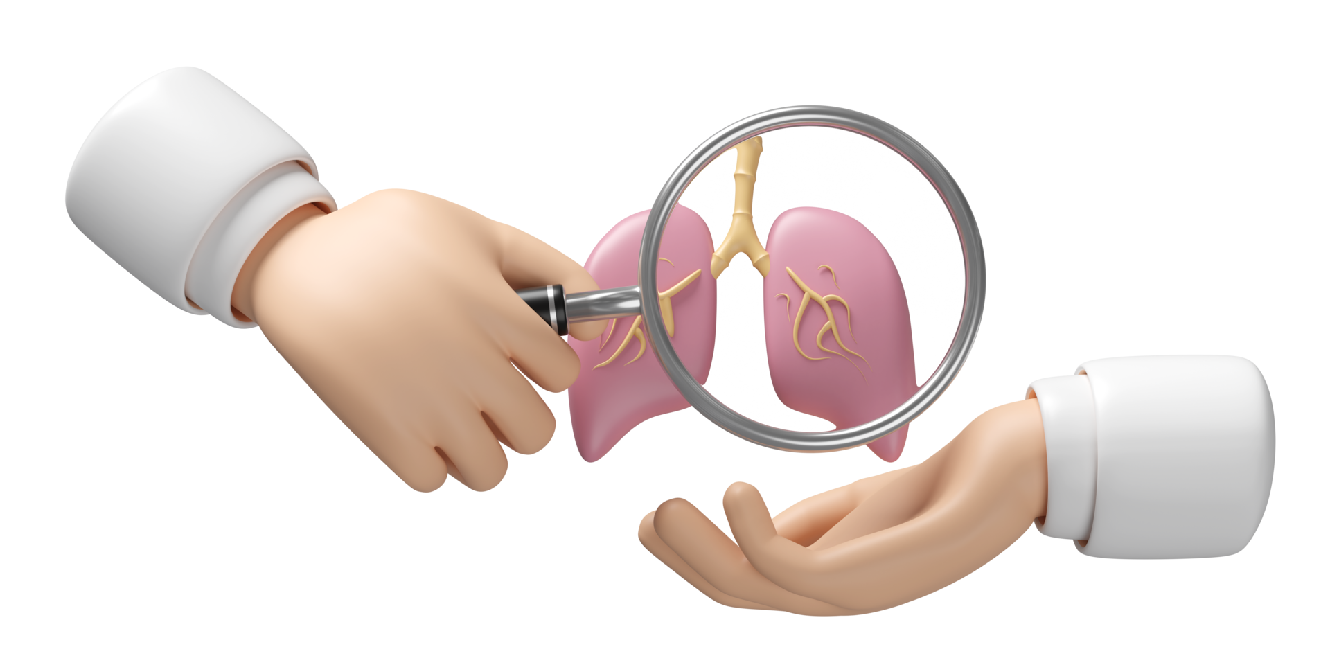 3d Doctor hand holding magnifying glass with realistic human lung isolated. world pneumonia day, check lung health, organs concept, 3d illustration render png