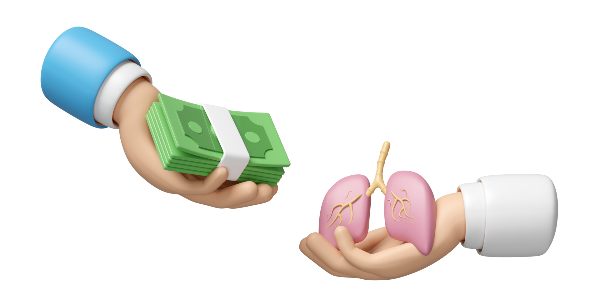 3d hands holding lung with hands holding banknote stack isolated. check lung health, health check cost concept, 3d illustration render, 3d illustration render png
