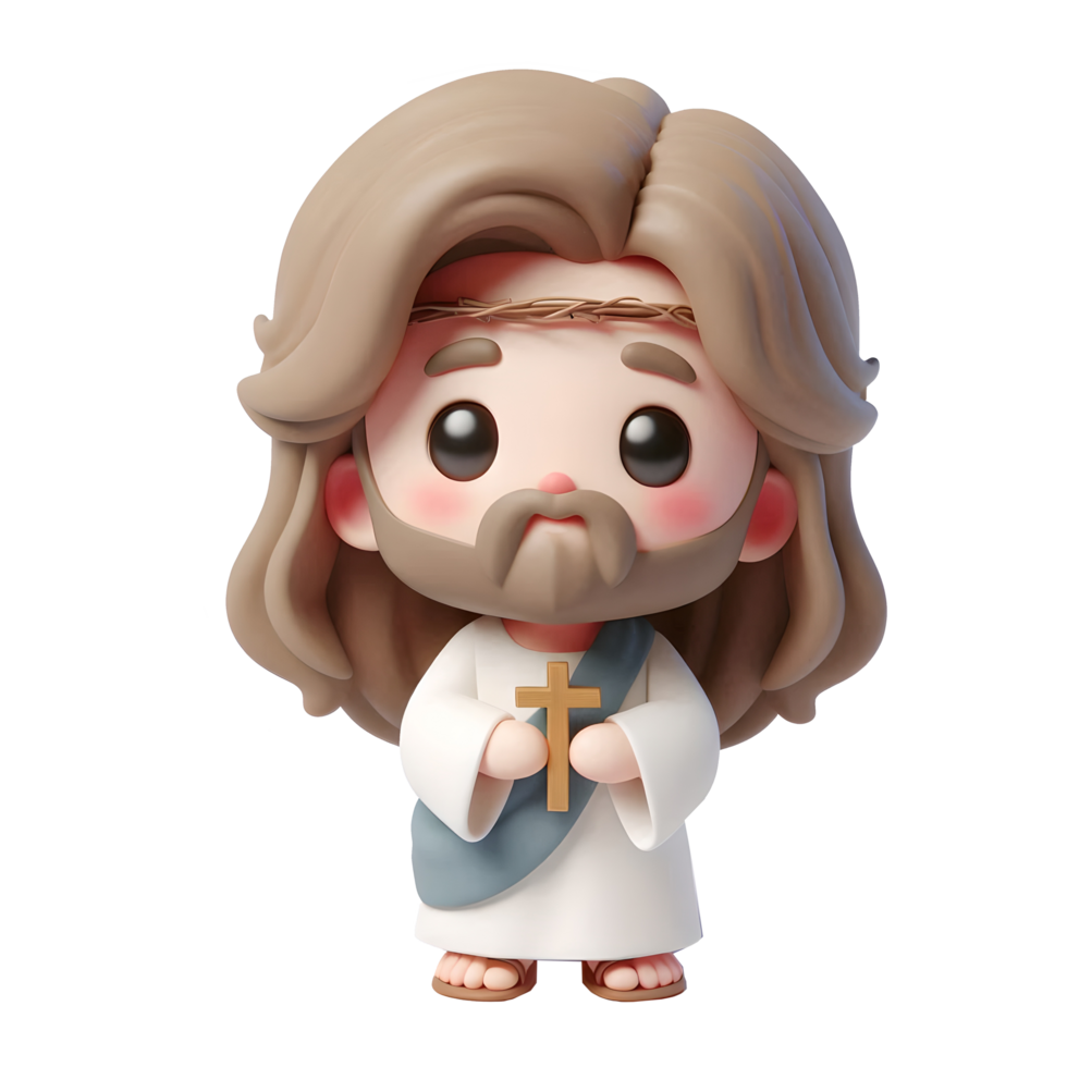 Cute 3d cartoon illustration of Jesus holding cross png