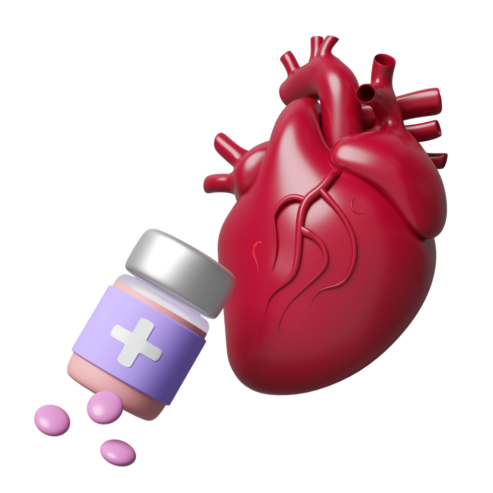 3d realistic human heart with medicine bottle, pills isolated. check heart health, health love, world heart day concept, 3d illustration render png