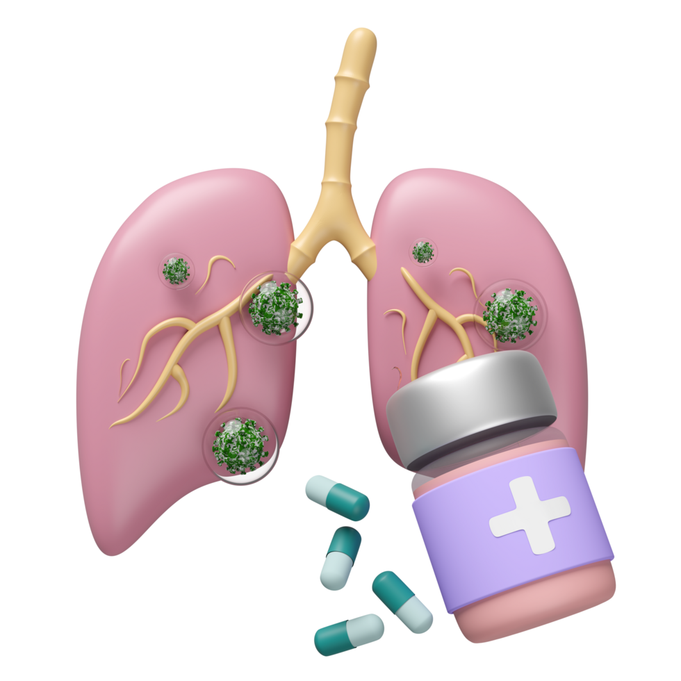 3d realistic human lung with virus, capsule medicine, medicine bottle isolated. world pneumonia day, check lung health, organs concept, 3d illustration render png