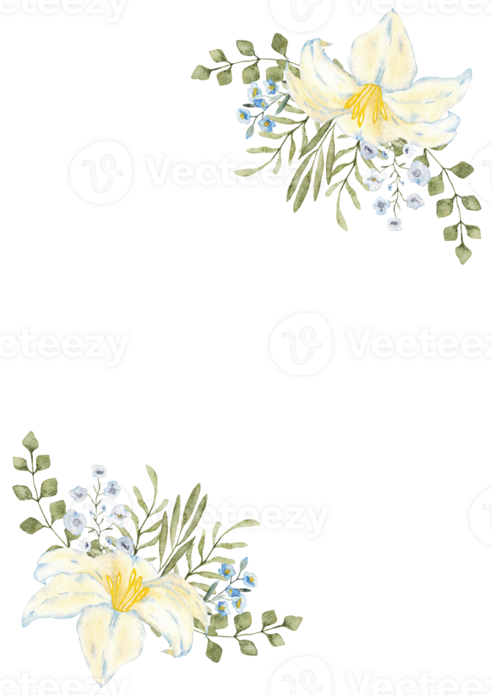 Vertical template with white and blue flowers and green leaves. Hand drawn watercolor illustration. For first communion, baptism, wedding greeting cards, invitation, save the date birthday. Copy space png