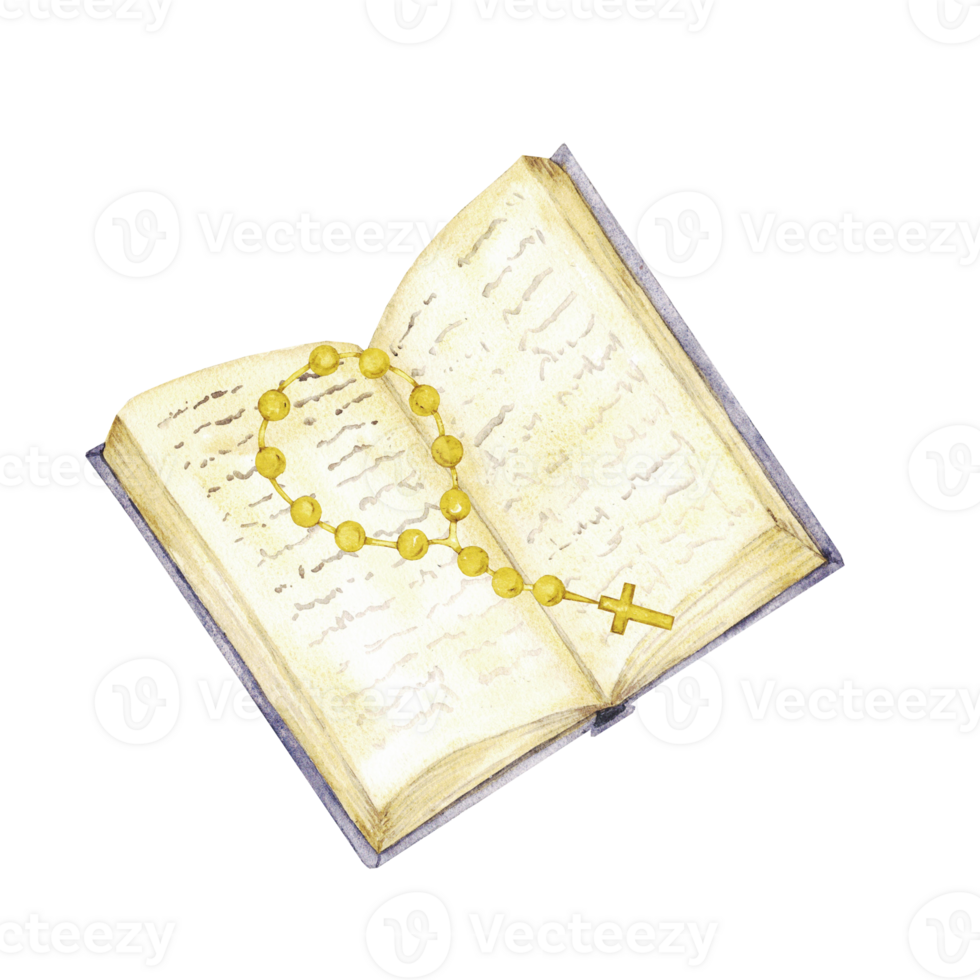Watercolor illustration with open Bible and rosary. For first communion, baptism greeting cards, invitation, wedding card, save the date and celebration, anniversary and birthday, party png