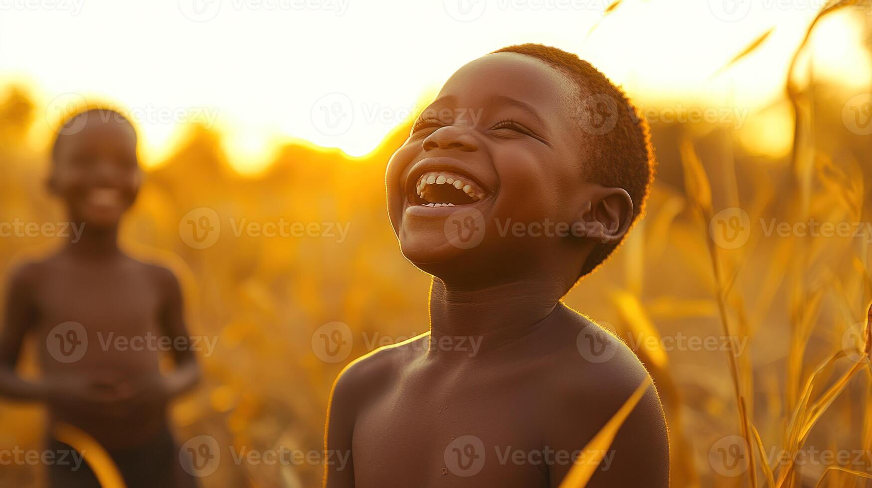 African children laughing in golden sunset field photo