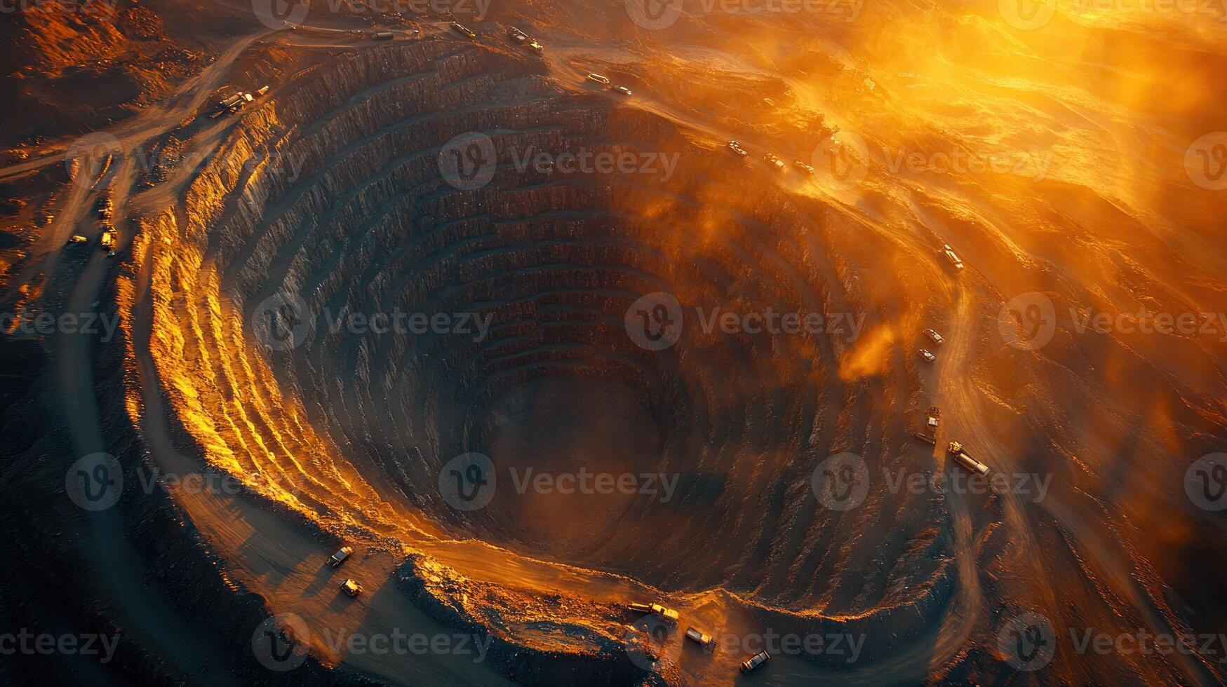 Aerial view of massive open-pit mine at sunset photo