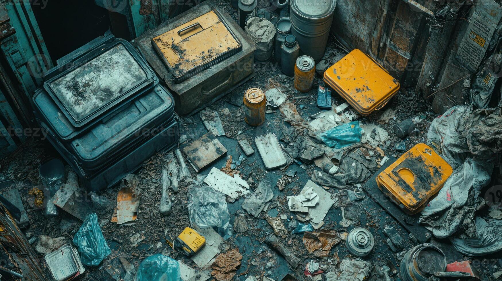 Abandoned, cluttered workshop floor photo
