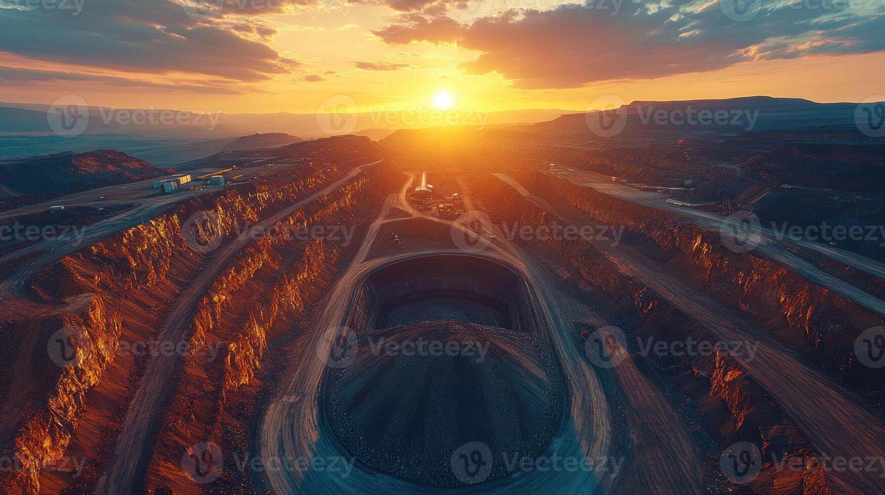 Aerial Sunset Over Open Pit Mine photo
