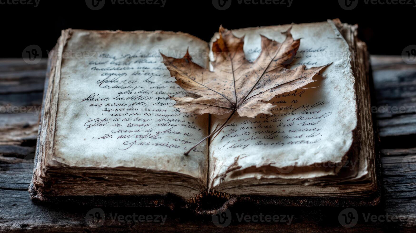 Aged book, dried leaf, rustic table photo