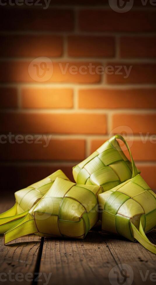 Three pieces of banana leaves on a wooden table photo
