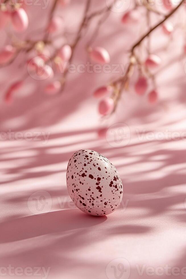 A speckled egg on a pink surface with branches photo