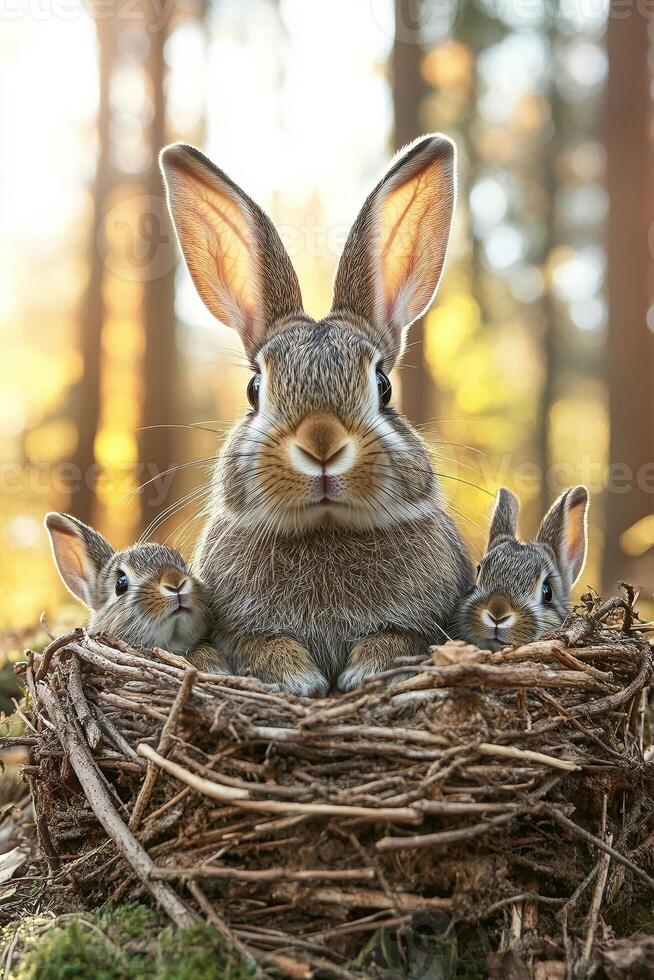 A family of rabbits in a nest in the woods photo