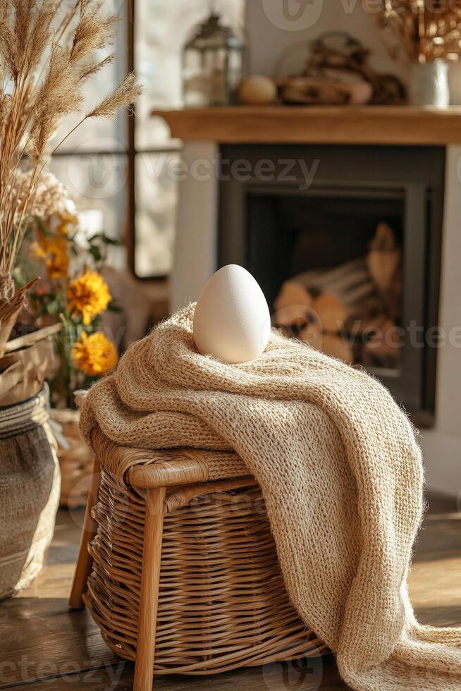 Egg on a wicker basket in front of a fireplace photo