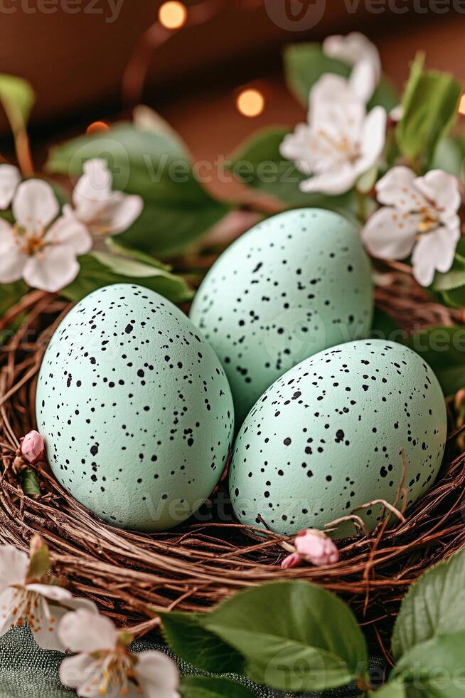 Three green eggs in a nest with flowers photo
