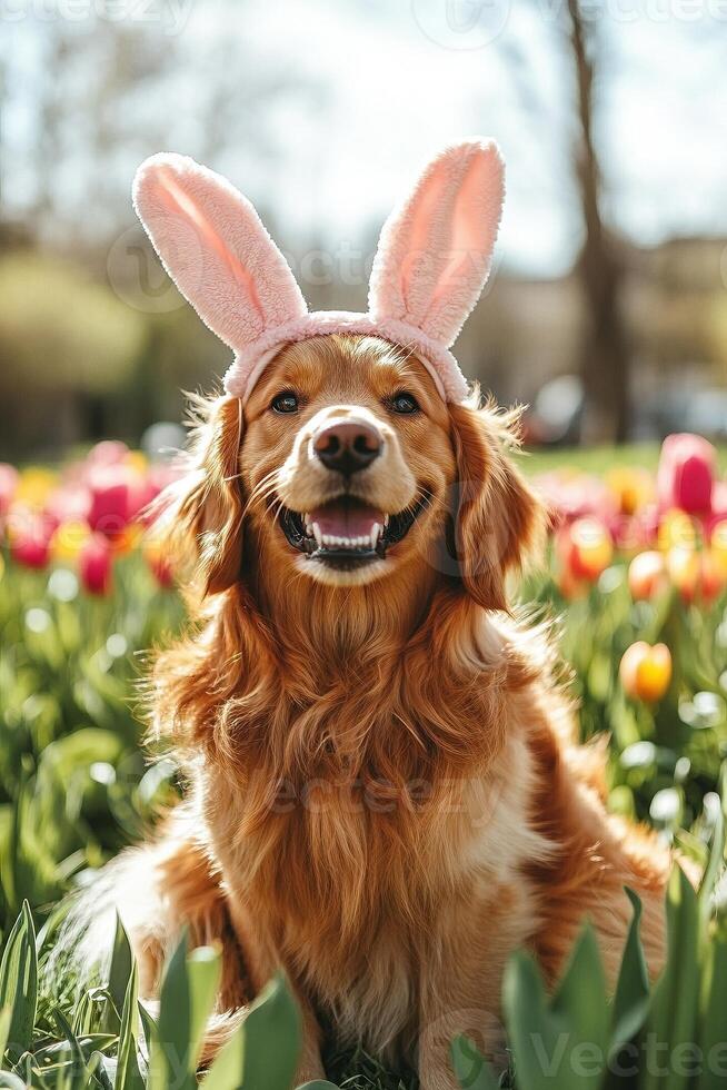 A dog wearing bunny ears and smiling in a field of tulips photo