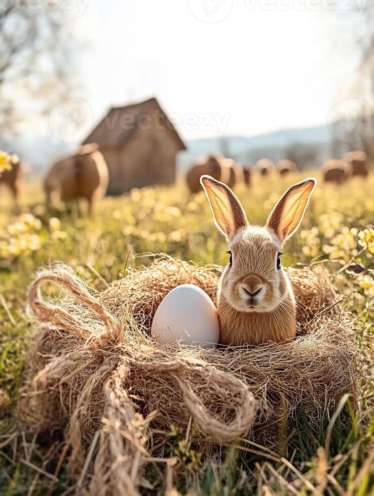 A rabbit is sitting in a nest with an egg photo
