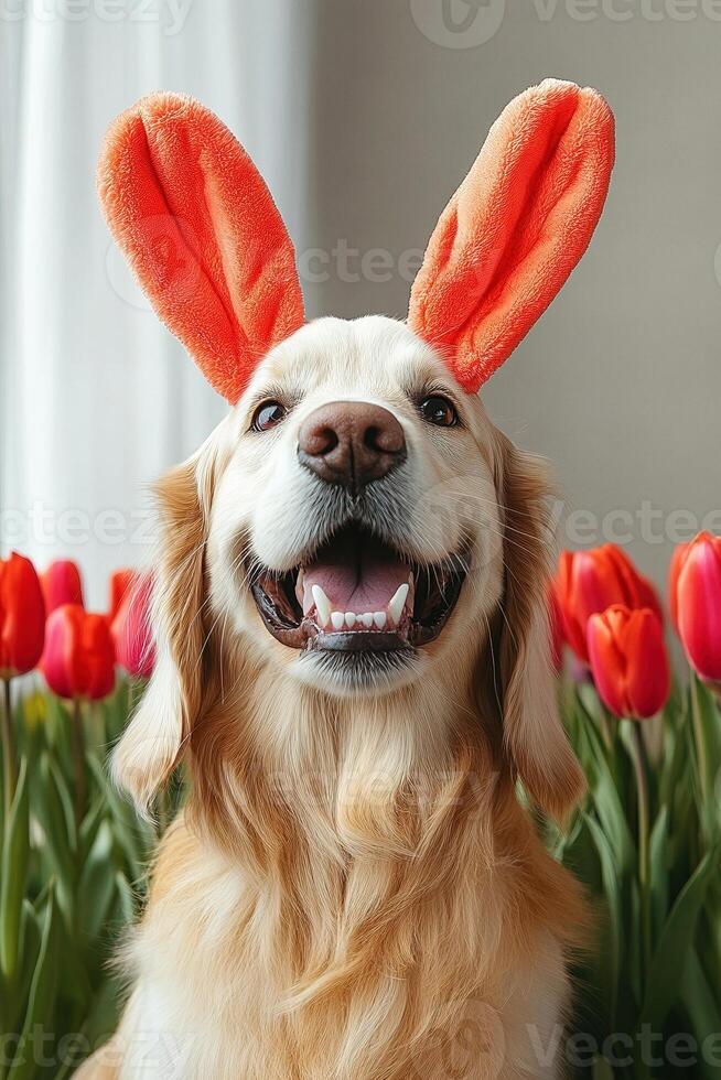 A dog wearing bunny ears and a tulip in front of a window photo