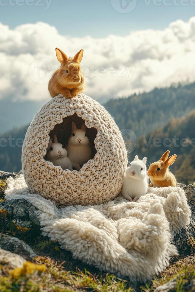 Bunnies in a nest on top of a mountain photo
