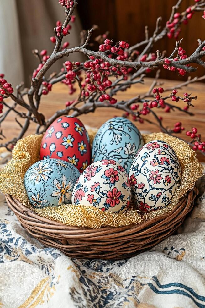 Four decorated eggs sit in a basket on a table photo