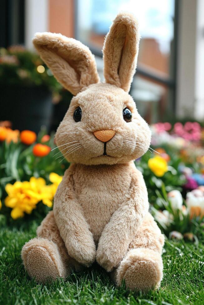 A stuffed rabbit sitting on the grass in front of flowers photo