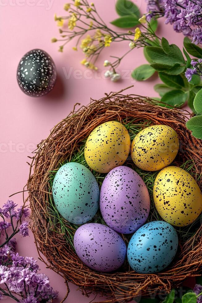 Easter eggs in a nest on a pink background photo