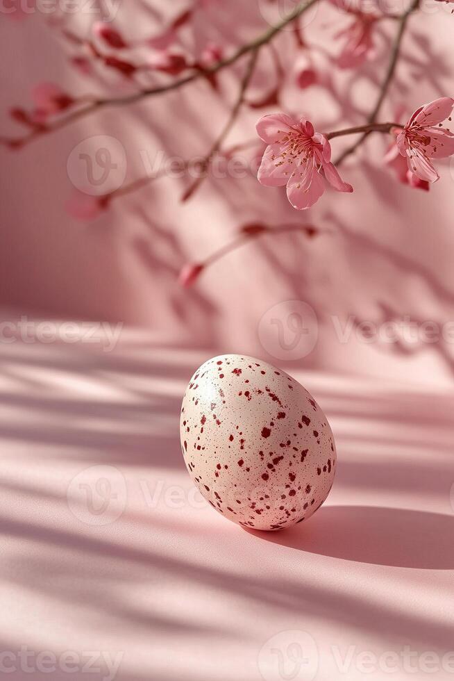 A white egg with pink spots on it sits on a pink surface photo