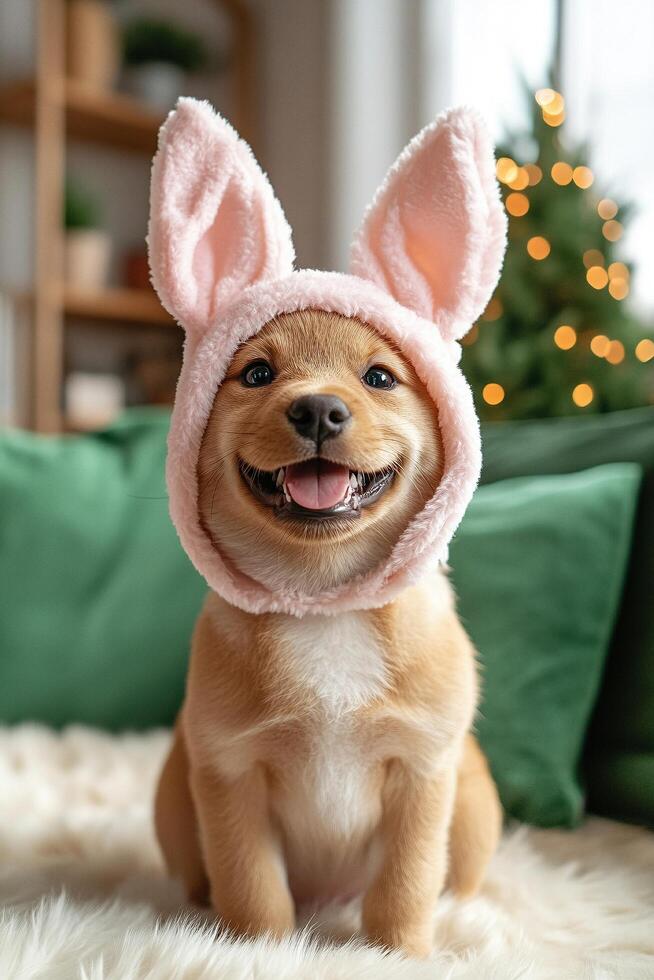 A puppy wearing a bunny hat photo
